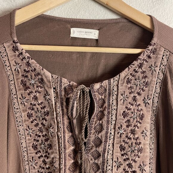 Lucky Brand Womens XL Embroidered Peasant Blouse Brown Long Sleeve Boho Shirt - Picture 8 of 12